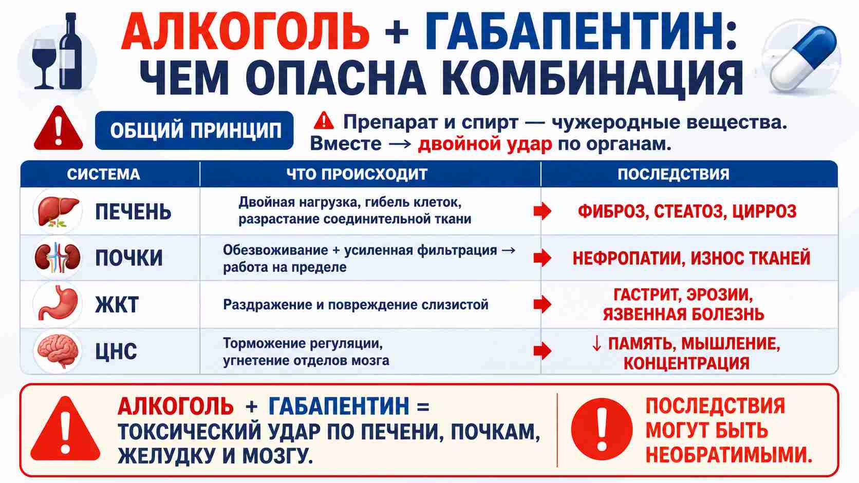 Инфографика об опасности сочетания алкоголя и препарата Габапентин