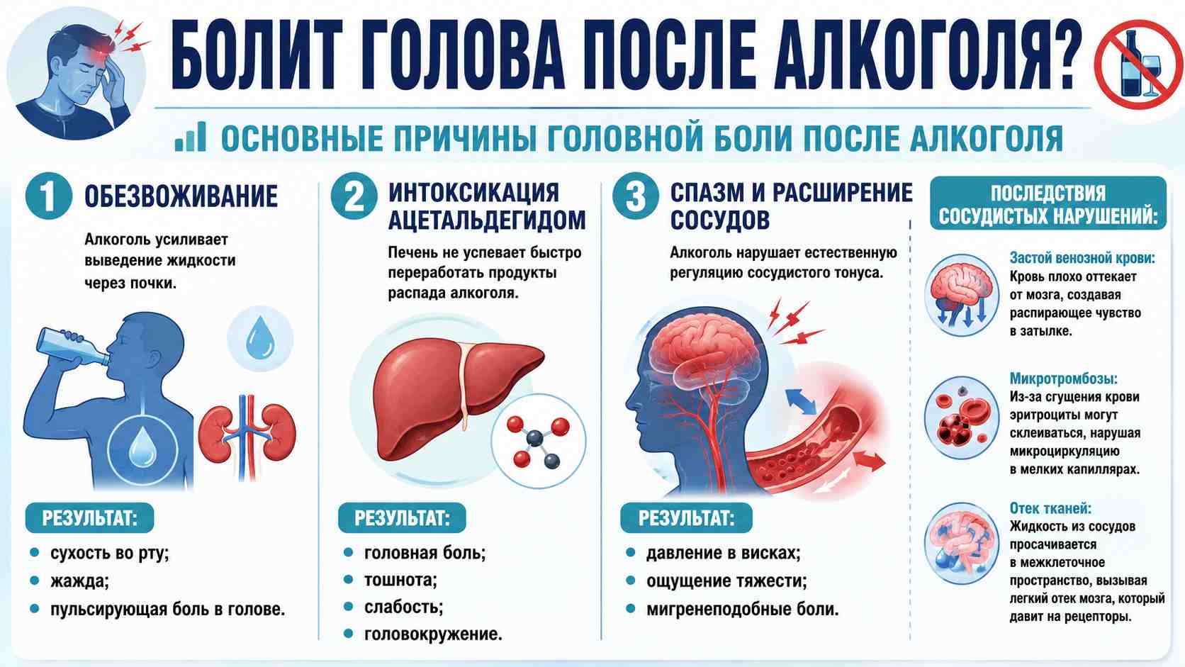 Инфографика об основных причинах головной боли после алкоголя