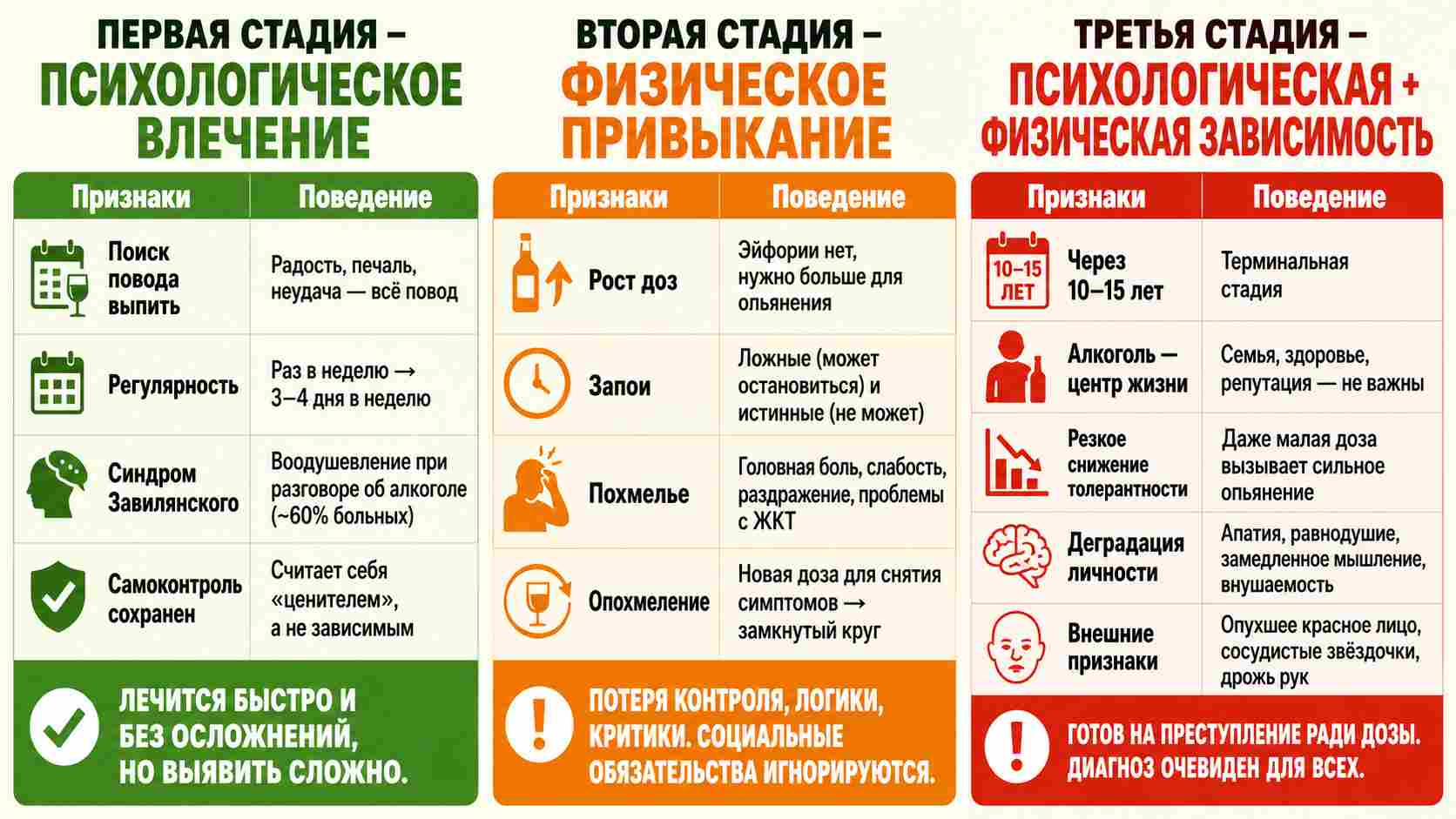 Инфографика о трех стадиях развития алкоголизма
