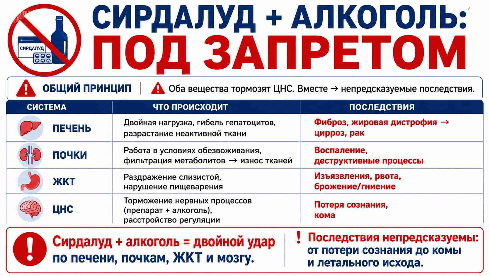 Инфографика о несовместимости миорелаксанта Сирдалуд и алкоголя