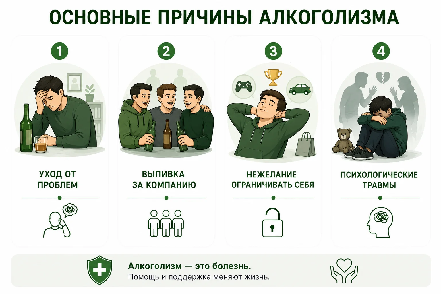 Инфографика с основными причинами алкоголизма: попытка уйти от проблем, влияние окружения, вседозволенность и психологические травмы.