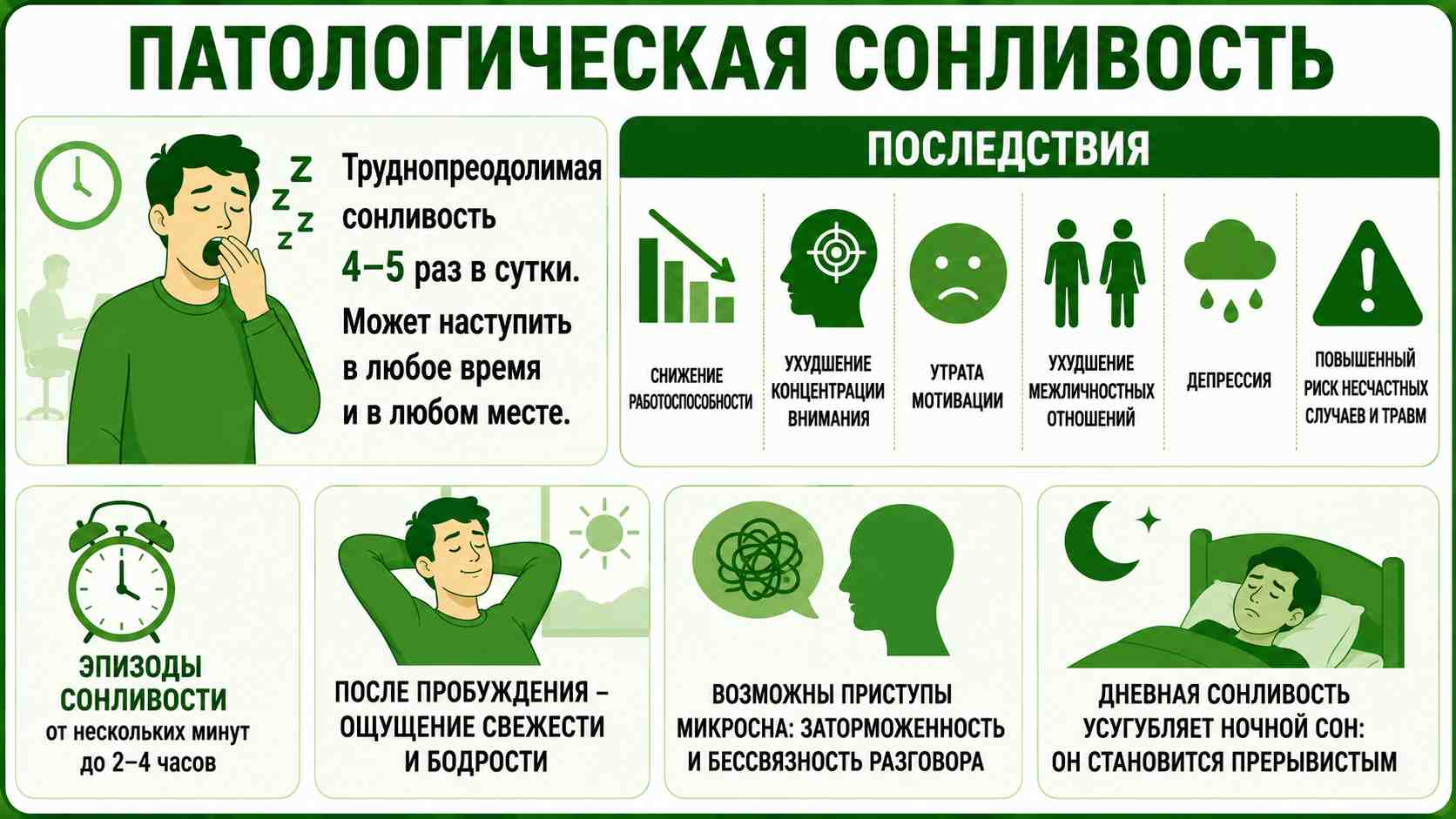 Схематичная инфографика о патологической сонливости с крупным текстом: частые эпизоды засыпания днём, снижение концентрации и работоспособности, ухудшение мотивации, риск травм и влияние на ночной сон.