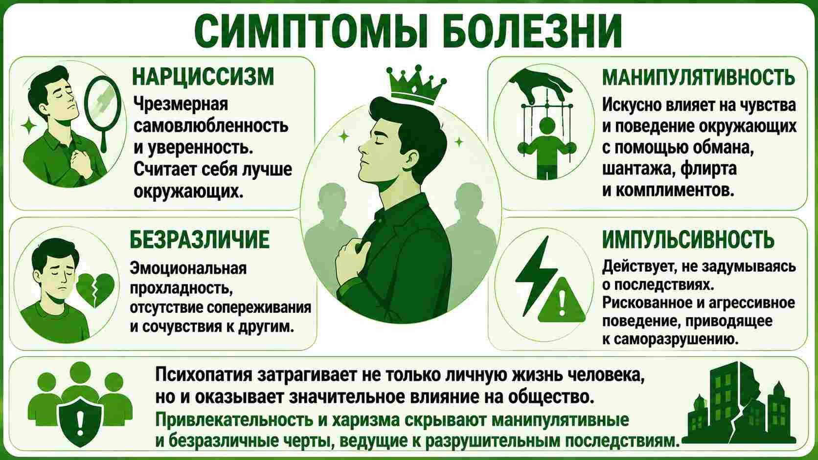 Инфографика с симптомами психопатии в зелёной цветовой схеме с крупным текстом: нарциссизм с завышенной самооценкой, манипулятивность с влиянием на людей, эмоциональное безразличие и импульсивное рискованное поведение, приводящее к саморазрушению.