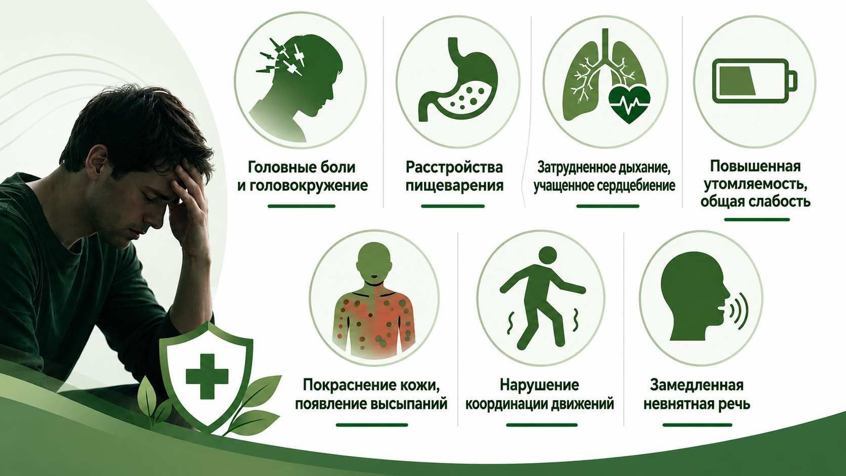 Инфографика с основными симптомами токсического отравления: головная боль и головокружение, расстройства пищеварения, затрудненное дыхание и учащенное сердцебиение, повышенная утомляемость, покраснение кожи, нарушение координации движений и замедленная невнятная речь.