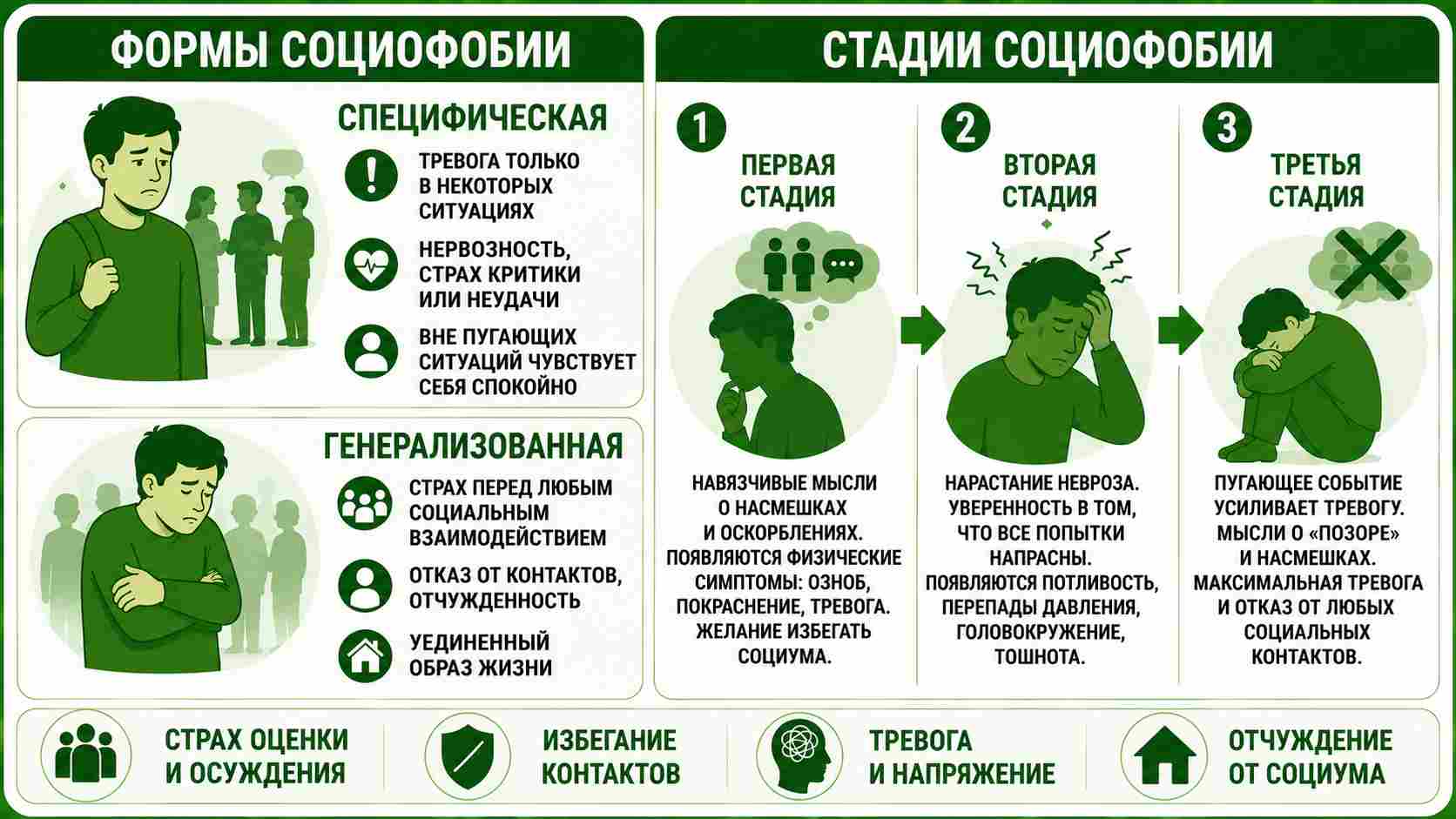 Схематичная инфографика о социофобии: специфическая и генерализованная формы, стадии развития тревожного расстройства, включая навязчивые мысли, усиление тревоги и избегание социальных контактов.